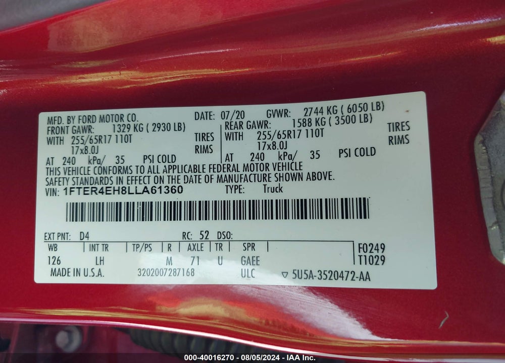 2020 FORD RANGER XLT VIN: 1FTER4EH8LLA61360