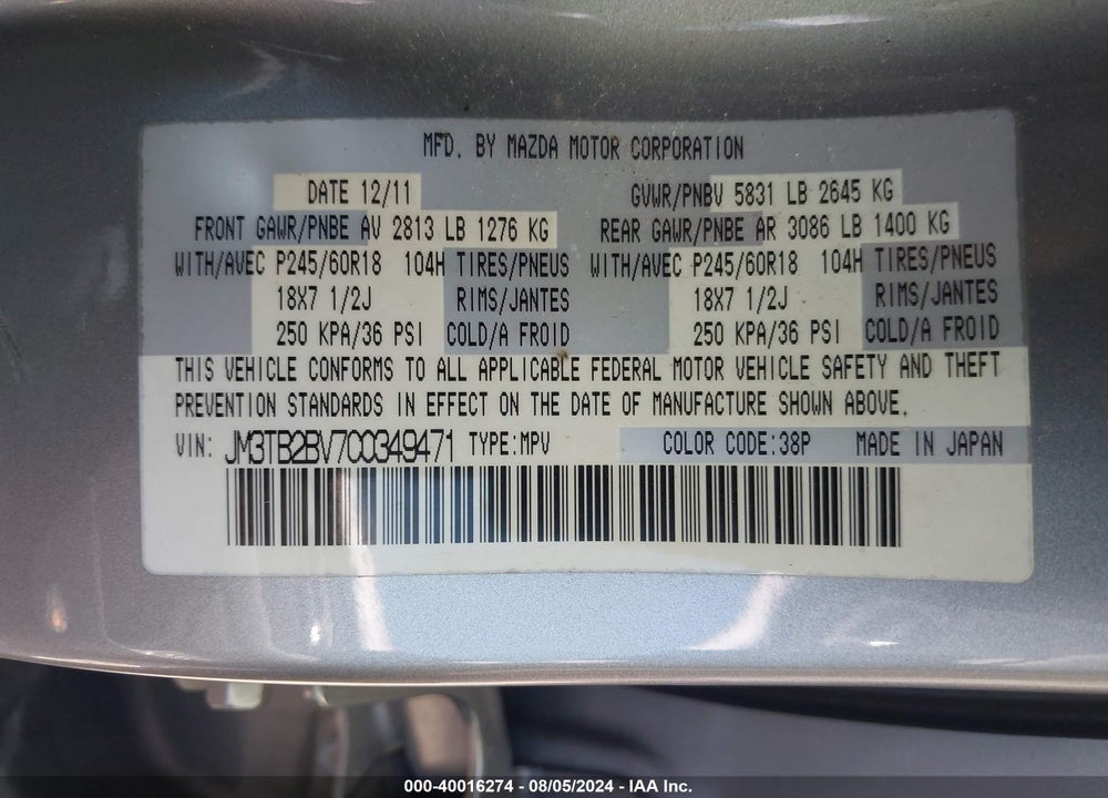 2012 MAZDA CX-9 SPORT VIN: JM3TB2BV7C0349471