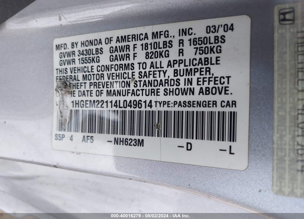 2004 HONDA CIVIC VP VIN: 1HGEM22114L049614
