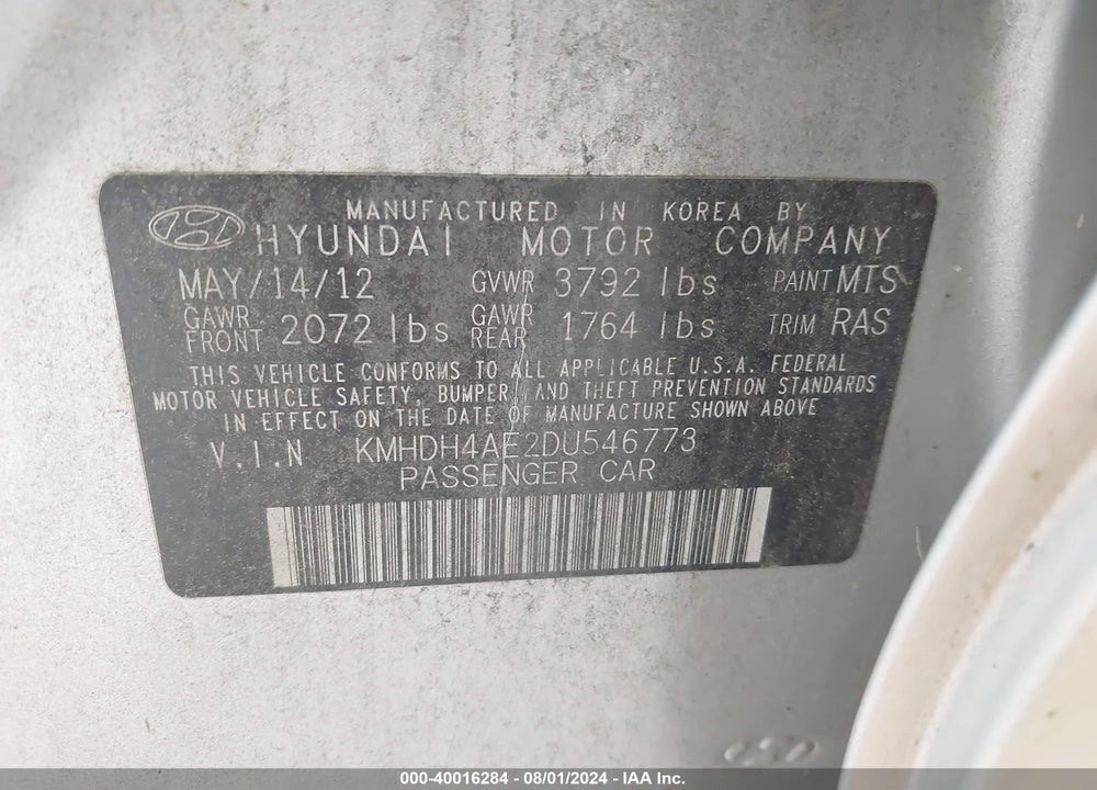 2013 HYUNDAI ELANTRA LIMITED VIN: KMHDH4AE2DU546773