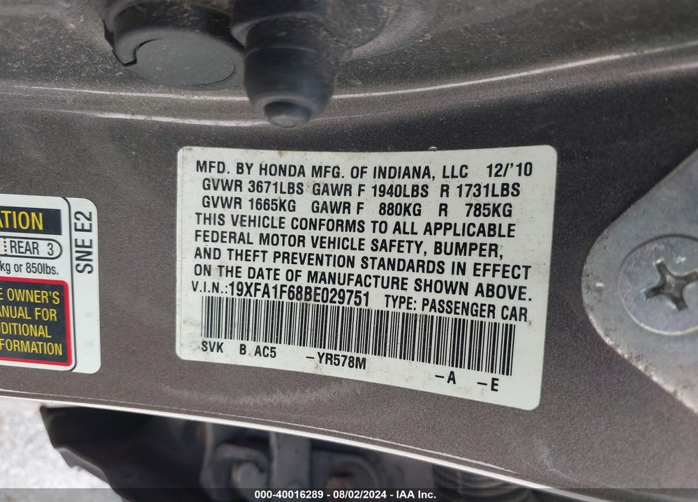 2011 HONDA CIVIC LX-S VIN: 19XFA1F68BE029751