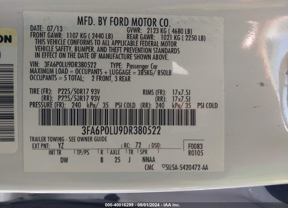 2013 FORD FUSION HYBRID VIN: 3FA6P0LU9DR380522