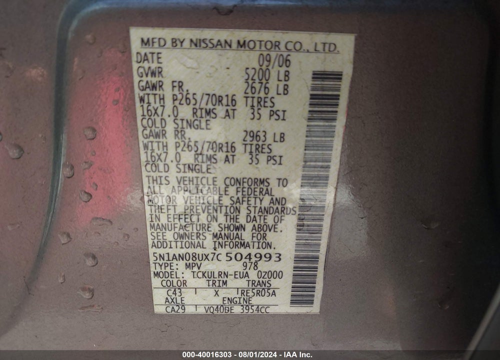 2007 NISSAN XTERRA S VIN: 5N1AN08UX7C504993