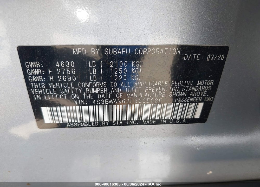 2020 SUBARU LEGACY LIMITED VIN: 4S3BWAN62L3025026