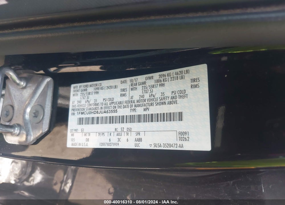 2018 FORD ESCAPE VIN: 1FMCU0HD8JUA63555