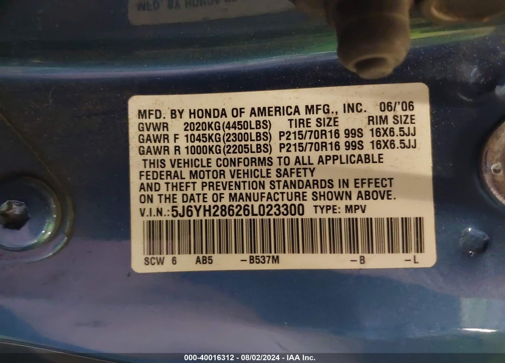 2006 HONDA ELEMENT EX VIN: 5J6YH28626L023300
