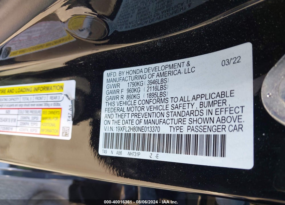 2022 HONDA CIVIC VIN: 19XFL2H80NE013370