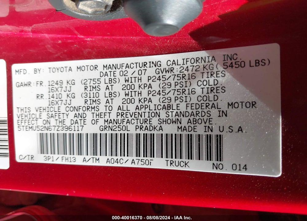 2007 TOYOTA TACOMA BASE V6 VIN: 5TEMU52N67Z396117