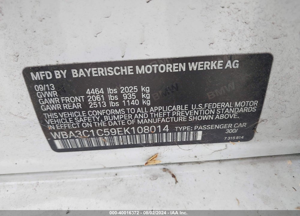 2014 BMW 328I VIN: WBA3C1C59EK108014