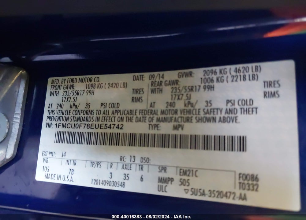 2014 FORD ESCAPE S VIN: 1FMCU0F78EUE54742