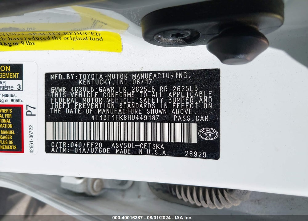 2017 TOYOTA CAMRY SE VIN: 4T1BF1FK8HU449187