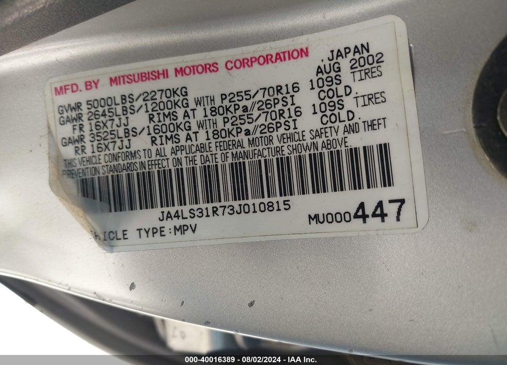 2003 MITSUBISHI MONTERO SPORT XLS VIN: JA4LS31R73J010815