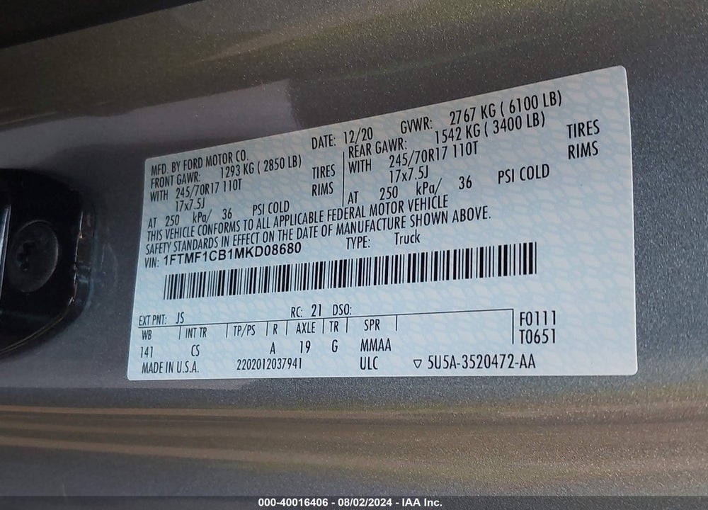 2021 FORD F-150 VIN: 1FTMF1CB1MKD08680