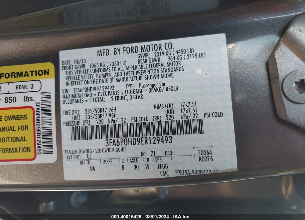2014 FORD FUSION SE VIN: 3FA6P0HD9ER129493