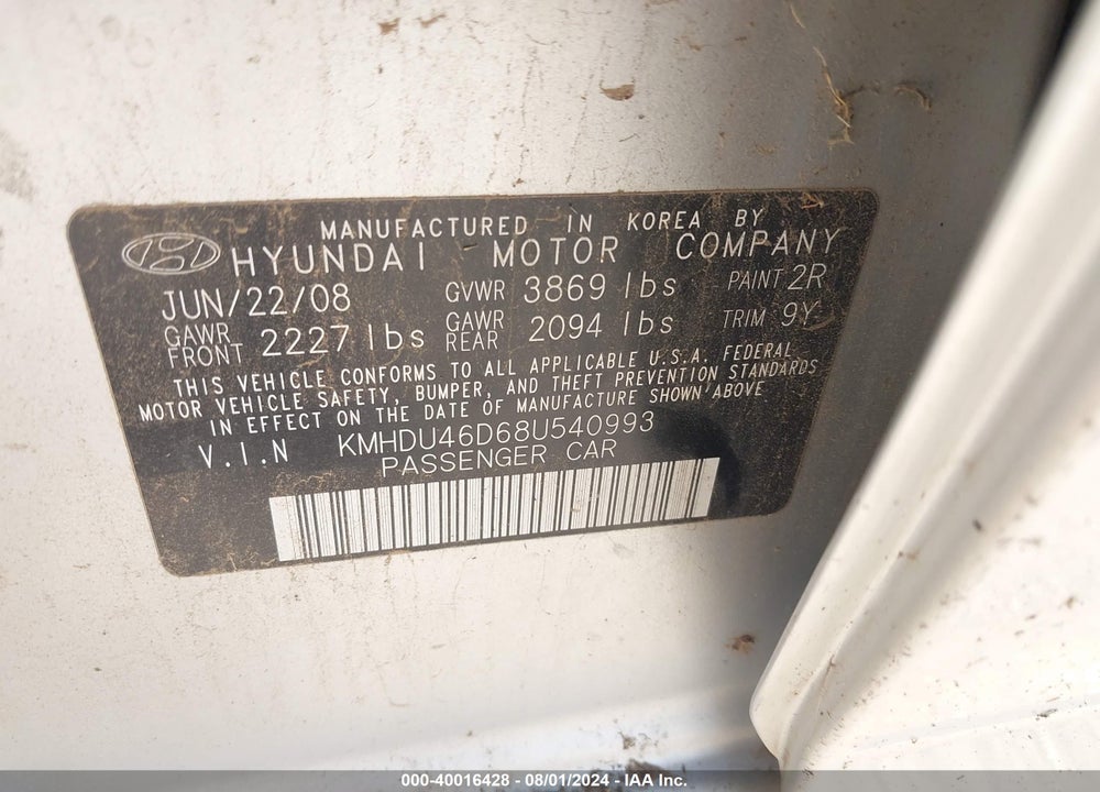 2008 HYUNDAI ELANTRA GLS/SE VIN: KMHDU46D68U540993