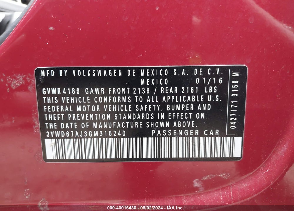 2016 VOLKSWAGEN JETTA 1.4T SE VIN: 3VWD67AJ3GM316240