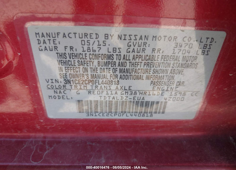 2015 NISSAN VERSA NOTE SV VIN: 3N1CE2CP0FL440818