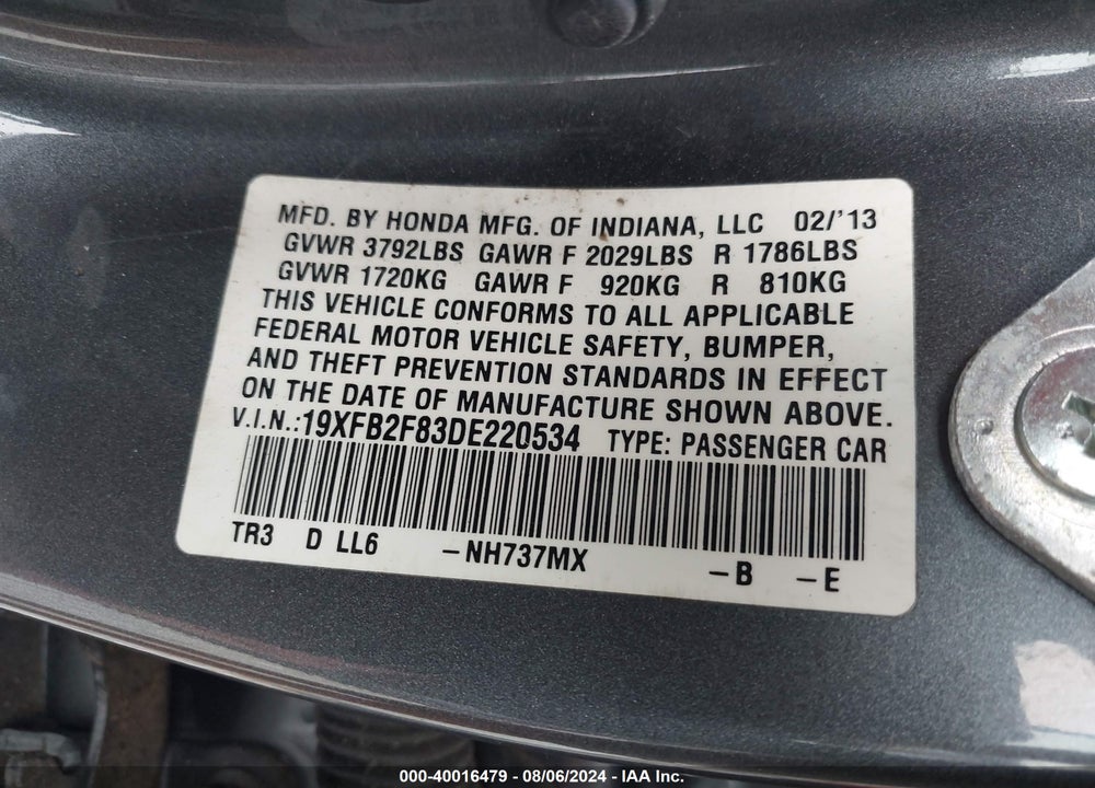 2013 HONDA CIVIC EX VIN: 19XFB2F83DE220534