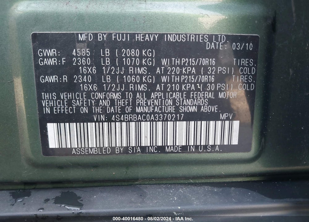 2010 SUBARU OUTBACK 2.5I VIN: 4S4BRBAC0A3370217