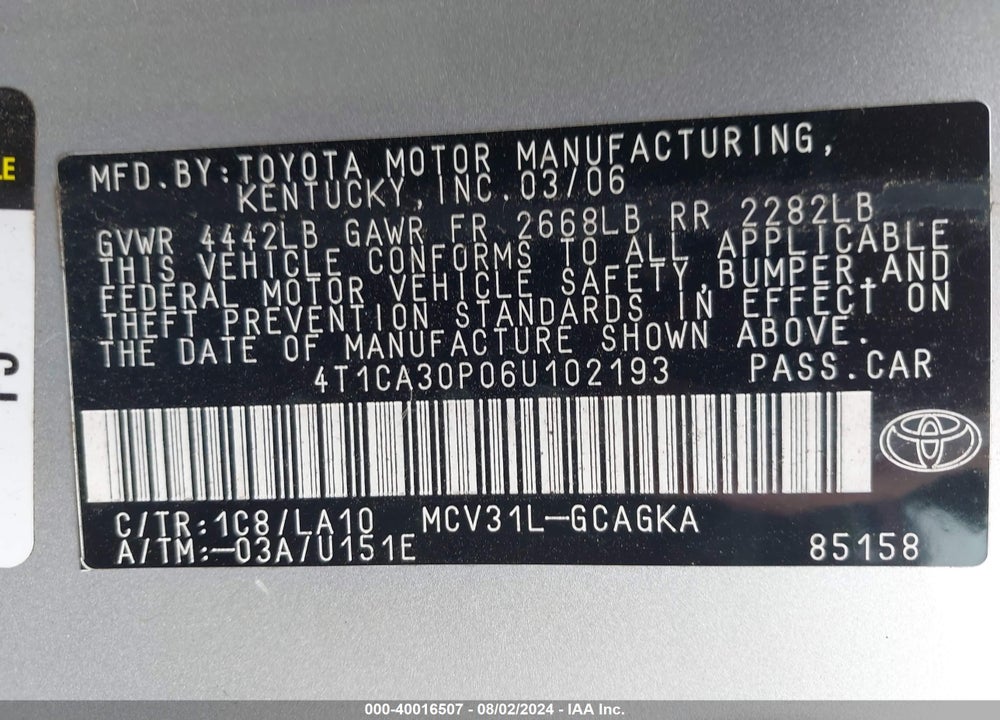 2006 TOYOTA CAMRY SOLARA SLE V6 VIN: 4T1CA30P06U102193