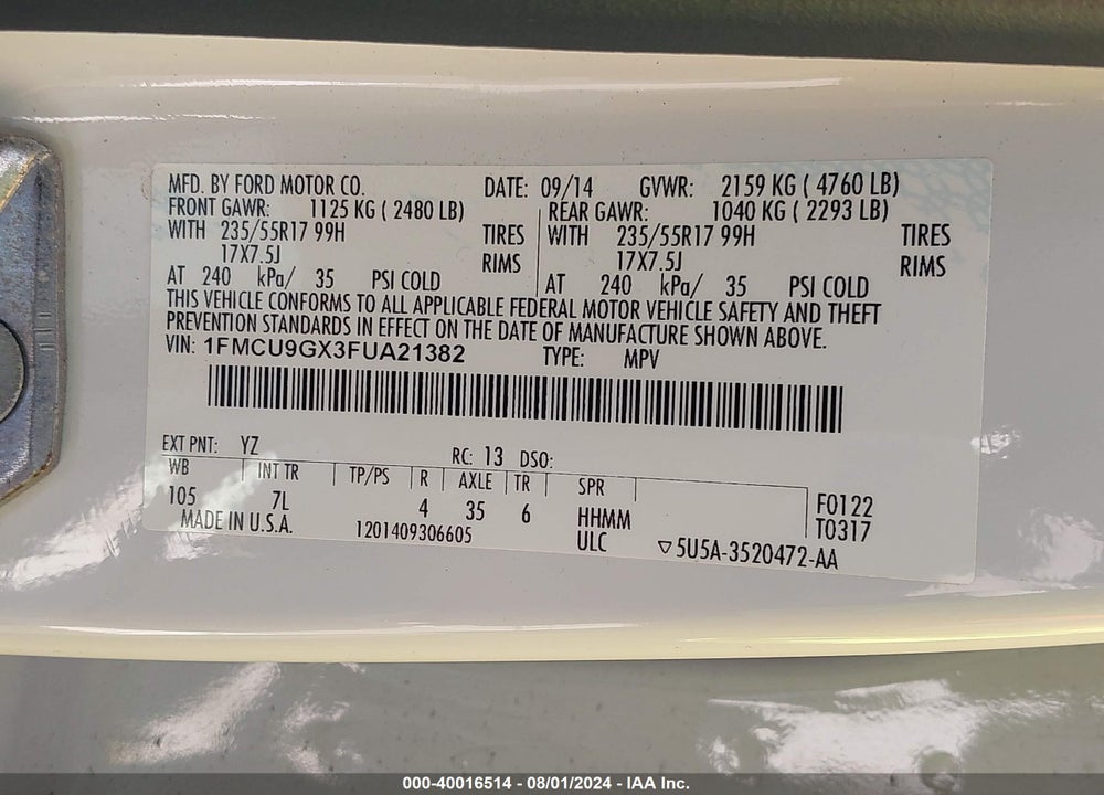 2015 FORD ESCAPE SE VIN: 1FMCU9GX3FUA21382