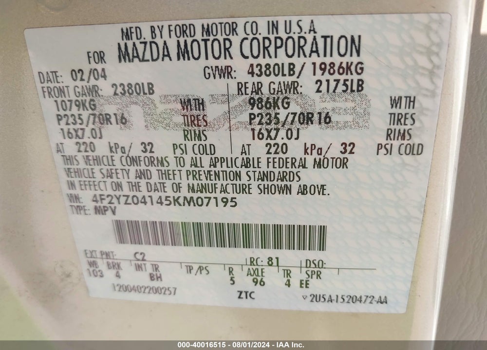 2005 MAZDA TRIBUTE S VIN: 4F2YZ04145KM07195