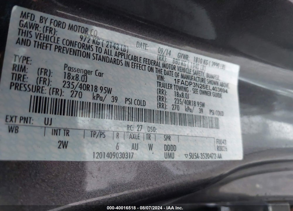 2014 FORD FOCUS TITANIUM VIN: 1FADP3N26EL403694