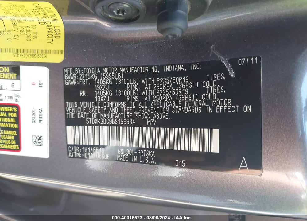 2011 TOYOTA SIENNA SE VIN: 5TDXK3DC9BS159534