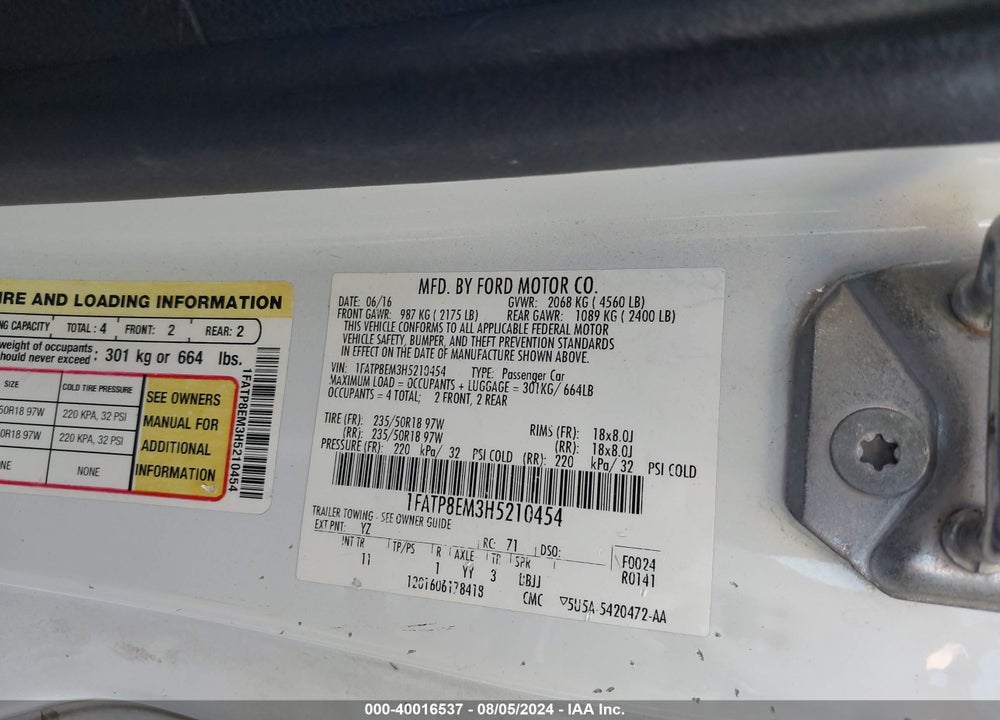 2017 FORD MUSTANG V6 VIN: 1FATP8EM3H5210454