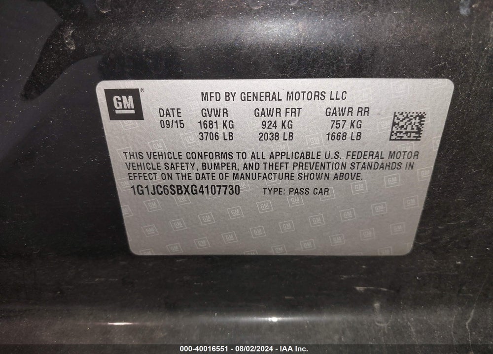 2016 CHEVROLET SONIC LT AUTO VIN: 1G1JC6SBXG4107730