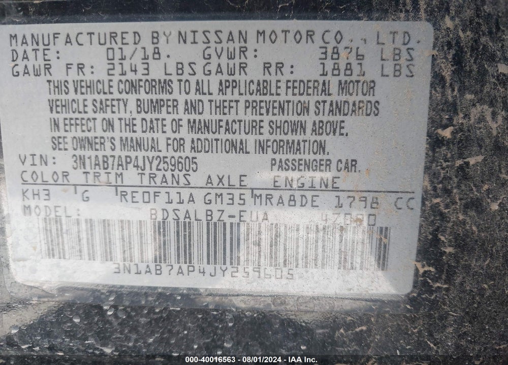 2018 NISSAN SENTRA S VIN: 3N1AB7AP4JY259605