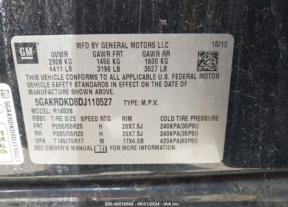 2013 BUICK ENCLAVE PREMIUM VIN: 5GAKRDKD8DJ110527