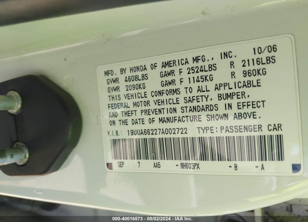2007 ACURA TL 3.2 VIN: 19UUA66227A002722