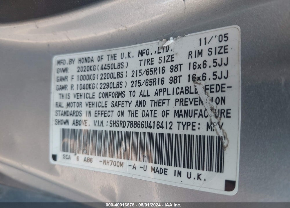 2006 HONDA CR-V EX VIN: SHSRD78866U416412