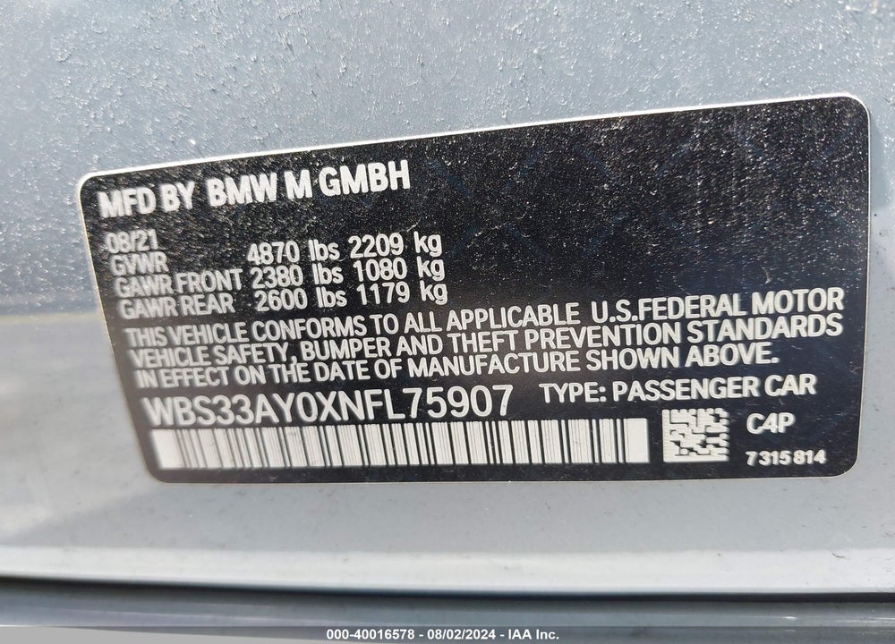 2022 BMW M3 VIN: WBS33AY0XNFL75907