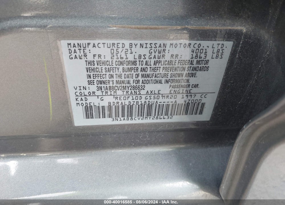 2021 NISSAN SENTRA SV XTRONIC CVT VIN: 3N1AB8CV2MY286632