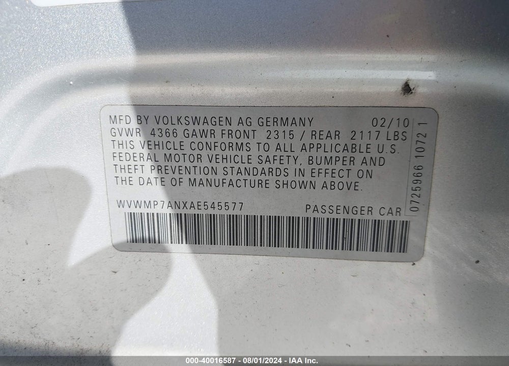 2010 VOLKSWAGEN CC SPORT VIN: WVWMP7ANXAE545577
