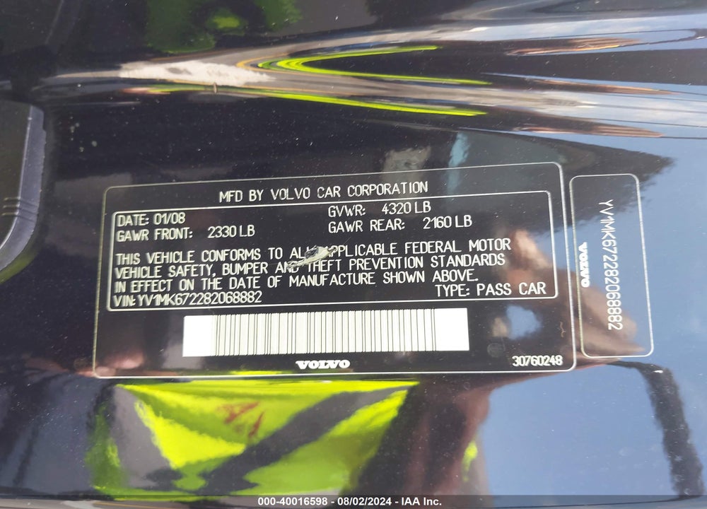 2008 VOLVO C30 T5 R-DESIGN/T5 VERSION 1.0/T5 VERSION 2.0 VIN: YV1MK672282068882
