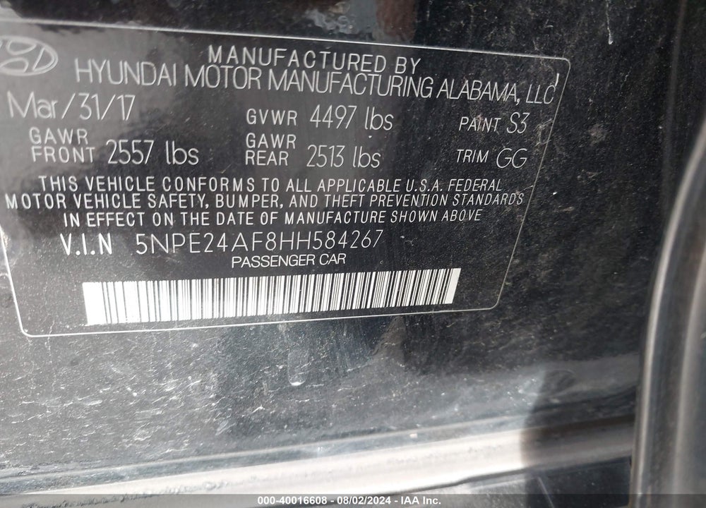 2017 HYUNDAI SONATA VIN: 5NPE24AF8HH584267