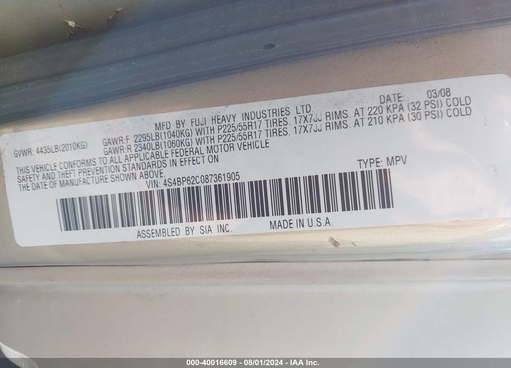 2008 SUBARU OUTBACK 2.5I LIMITED/2.5I LIMITED L.L. BEAN EDITION VIN: 4S4BP62C087361905