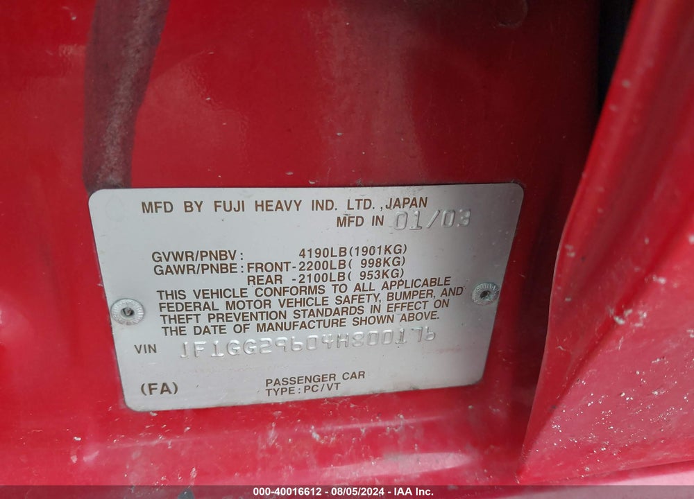 2004 SUBARU IMPREZA WRX VIN: JF1GG29604H800176