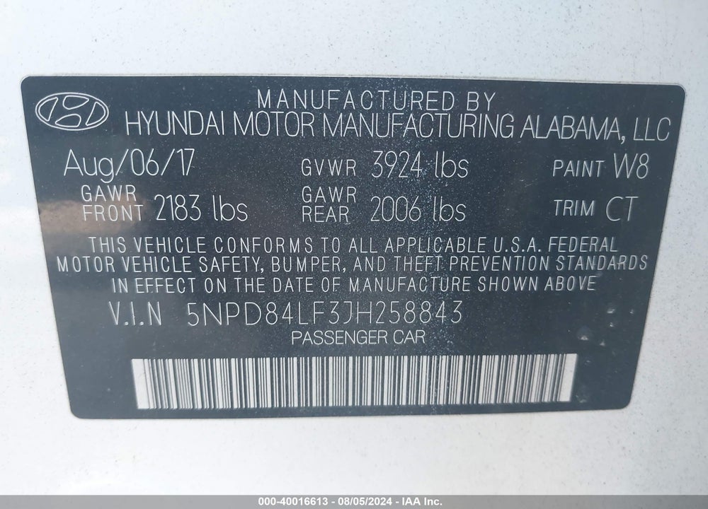 2018 HYUNDAI ELANTRA SEL VIN: 5NPD84LF3JH258843
