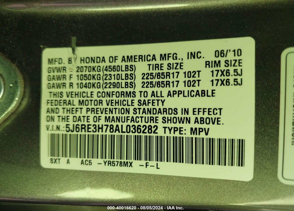 2010 HONDA CR-V EX-L VIN: 5J6RE3H78AL036282