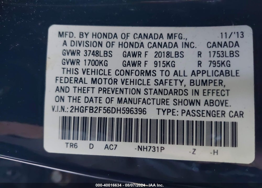 2013 HONDA CIVIC LX VIN: 2HGFB2F56DH596396