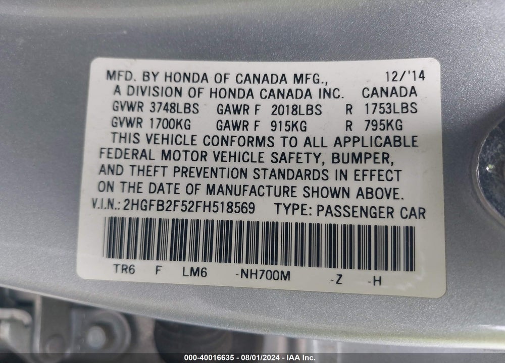 2015 HONDA CIVIC LX VIN: 2HGFB2F52FH518569