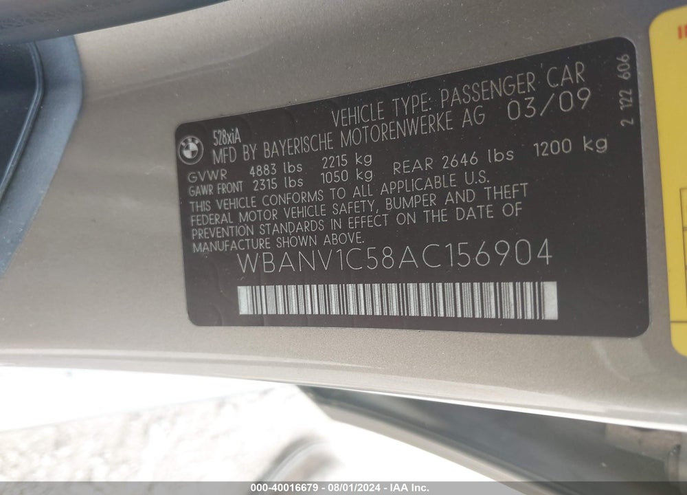 2010 BMW 528I XDRIVE VIN: WBANV1C58AC156904