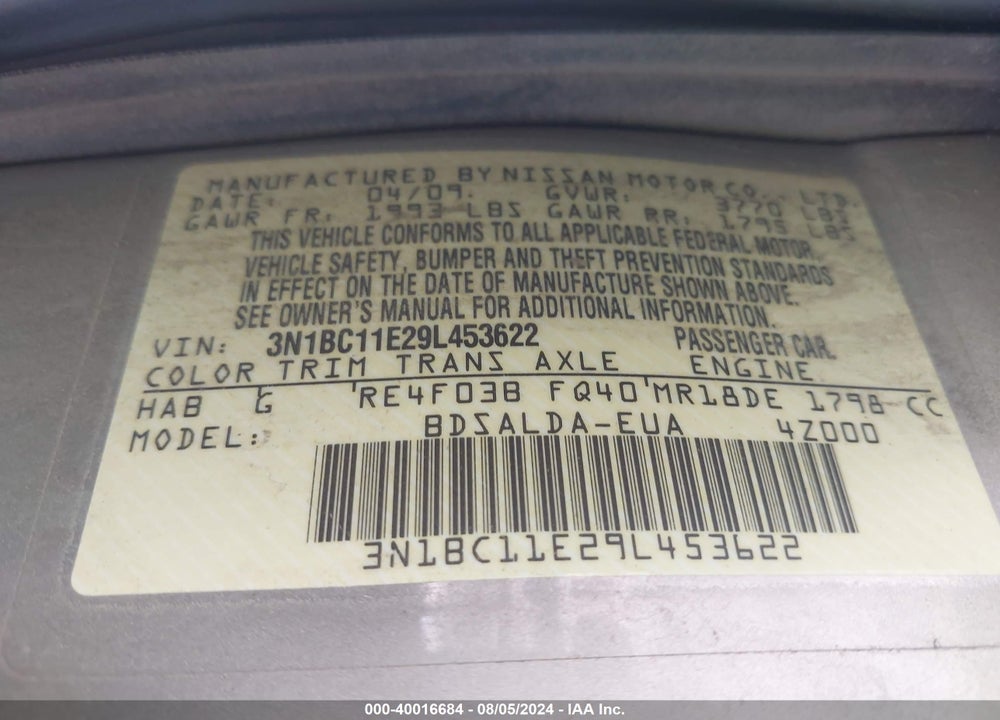 2009 NISSAN VERSA 1.8S VIN: 3N1BC11E29L453622