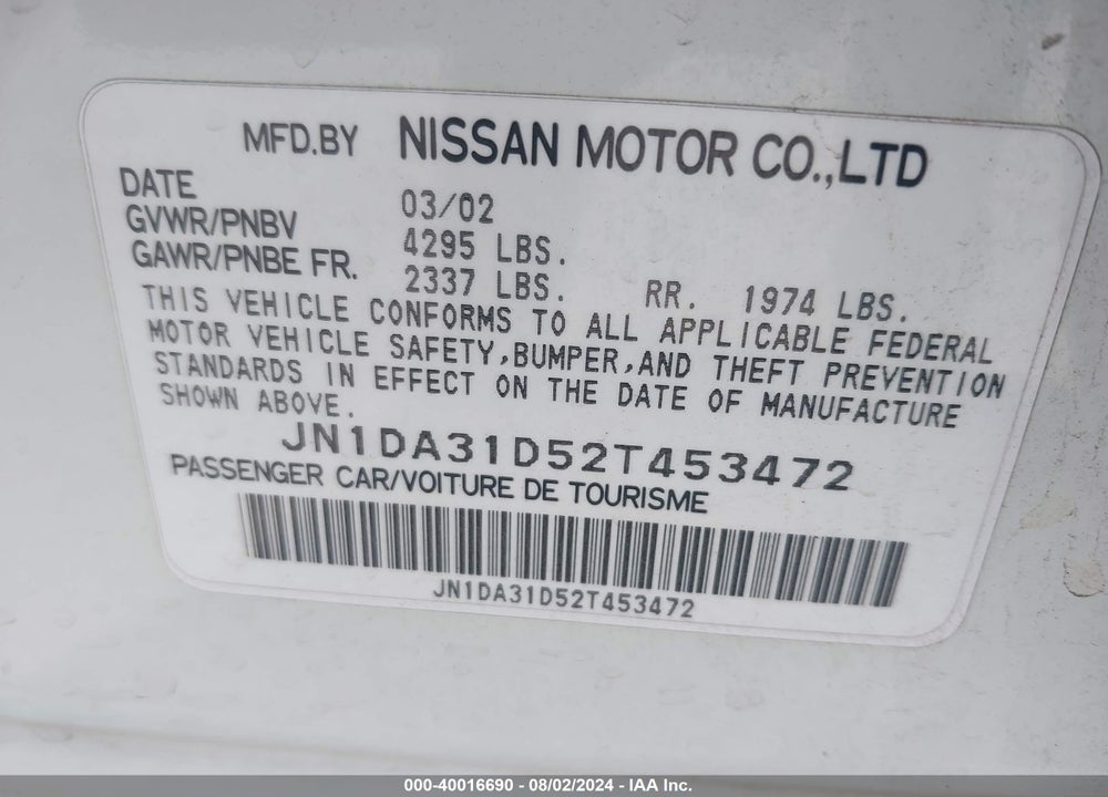 2002 NISSAN MAXIMA GXE VIN: JN1DA31D52T453472