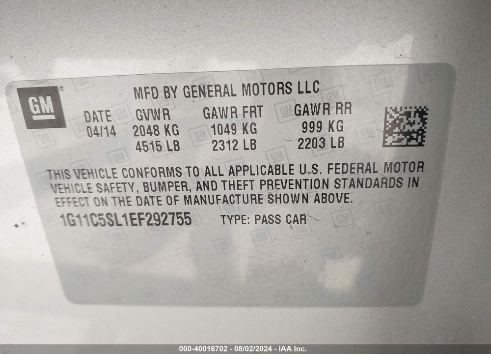 2014 CHEVROLET MALIBU 1LT VIN: 1G11C5SL1EF292755