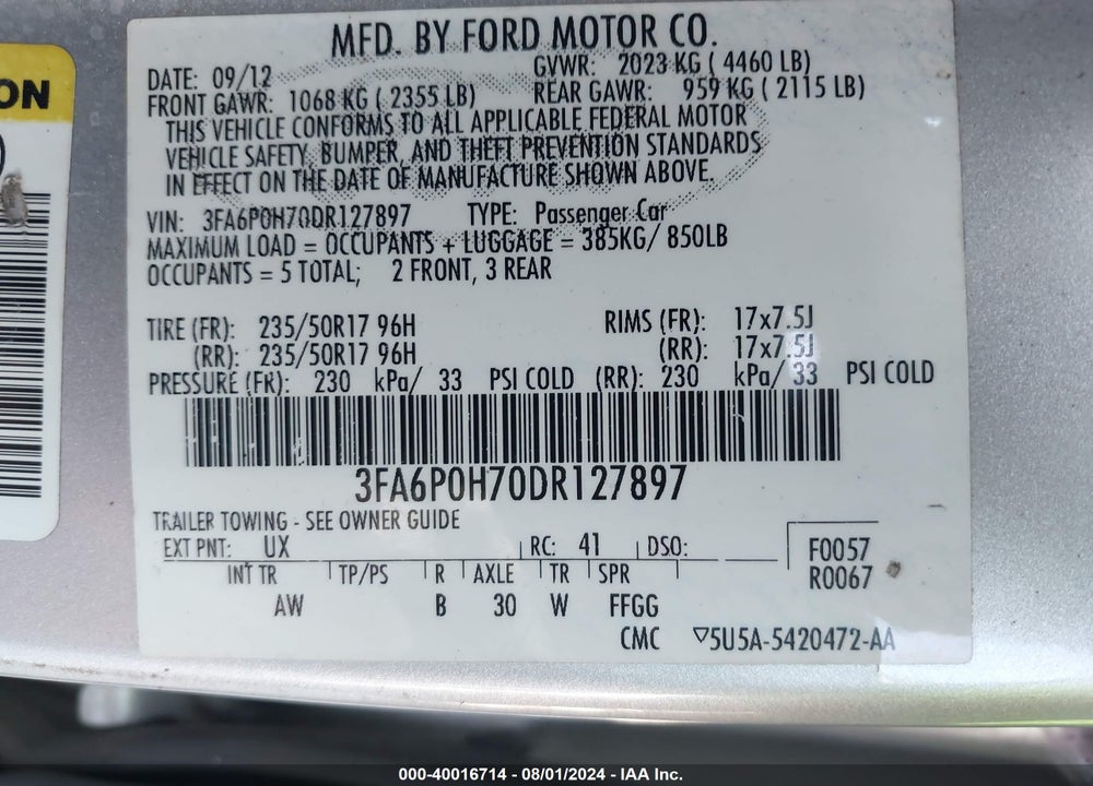 2013 FORD FUSION SE VIN: 3FA6P0H70DR127897